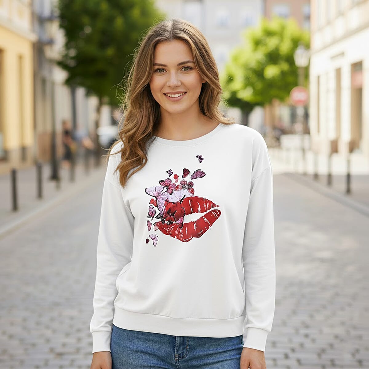  Tamsy White Eye Catching Lip Crystal Long Sleeve Top - One Size Fits Up to XLarge image number 1