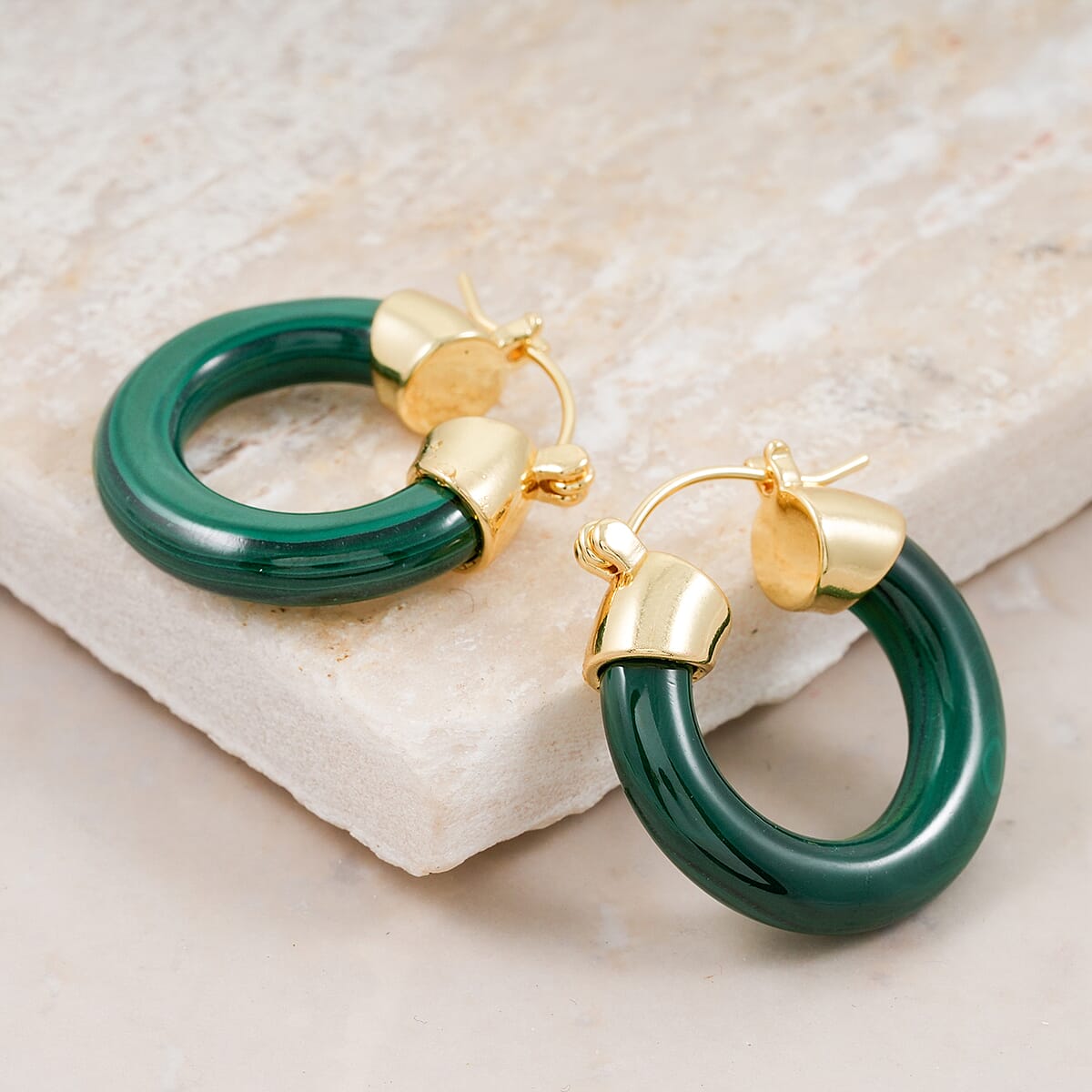 African Malachite 35.00 ctw Hoop Earrings in Goldtone  image number 1