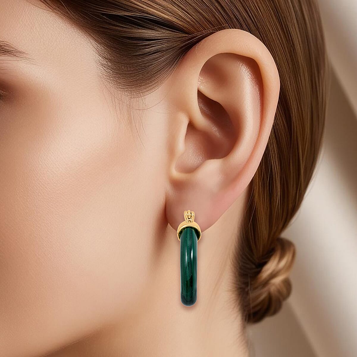 African Malachite 35.00 ctw Hoop Earrings in Goldtone  image number 2
