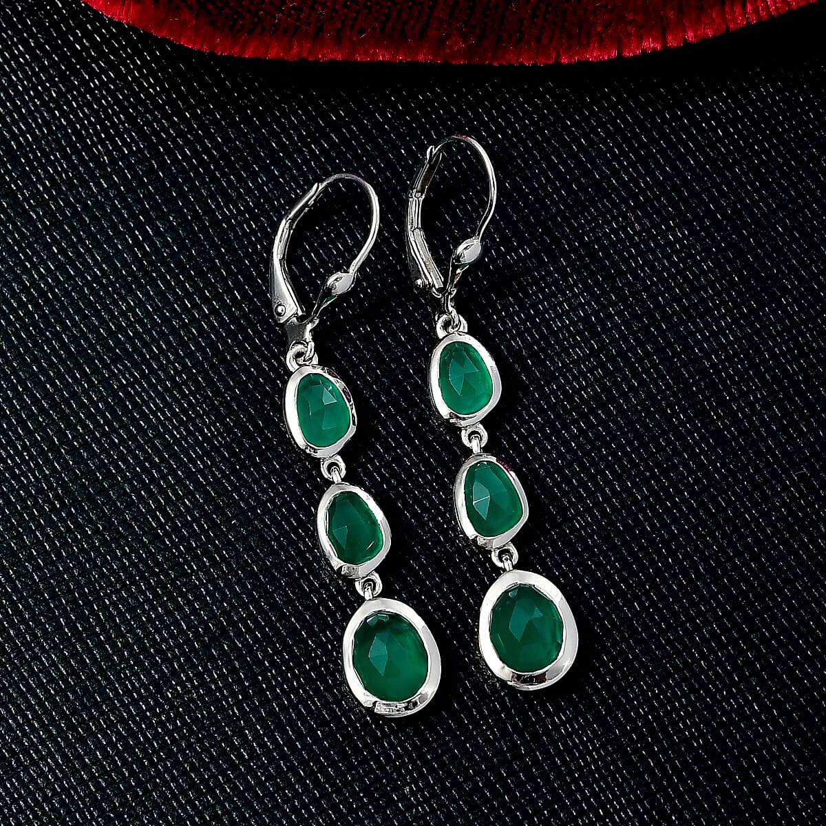 D'Joy Green Onyx 4.15 ctw Dangling Earrings in Platinum Over Sterling Silver image number 1