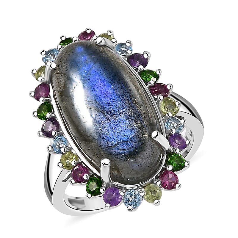 EverTrue AAA Malagasy Labradorite and Multi Gemstone 12.00 ctw Aurora Blossom Ring in Platinum Bond (Size 10.0)