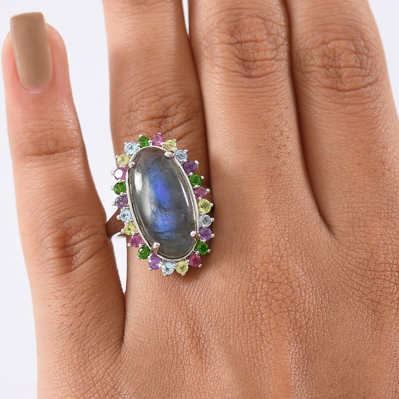 EverTrue AAA Malagasy Labradorite and Multi Gemstone 12.00 ctw Aurora Blossom Ring in Platinum Bond (Size 10.0)