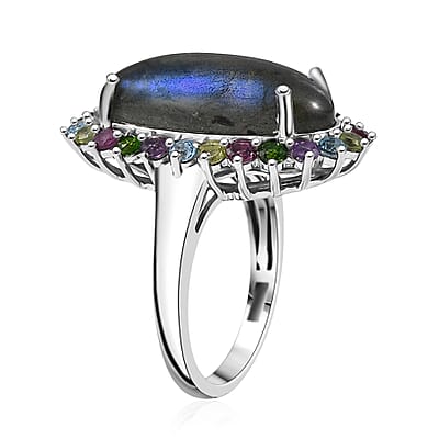 EverTrue AAA Malagasy Labradorite and Multi Gemstone 12.00 ctw Aurora Blossom Ring in Platinum Bond (Size 10.0)