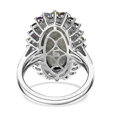 EverTrue AAA Malagasy Labradorite and Multi Gemstone 12.00 ctw Aurora Blossom Ring in Platinum Bond (Size 10.0)