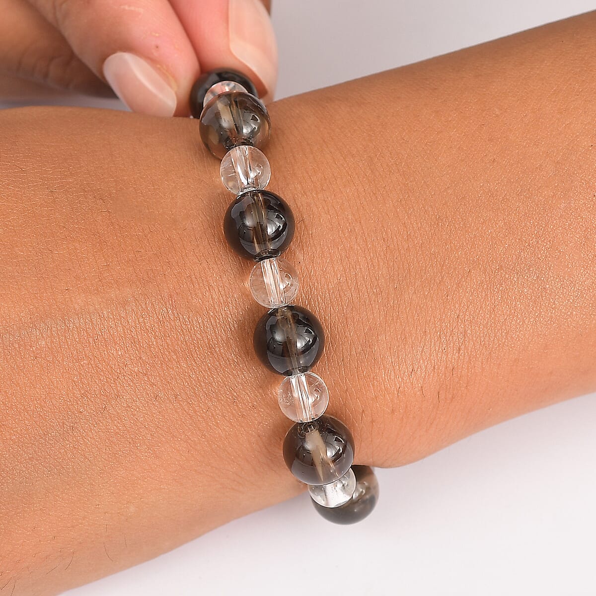Brazilian Smoky Quartz and White Crystal Quartz 115.00 ctw Beaded Stretch Bracelet image number 2