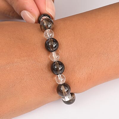 Brazilian Smoky Quartz and White Crystal Quartz 115.00 ctw Beaded Stretch Bracelet