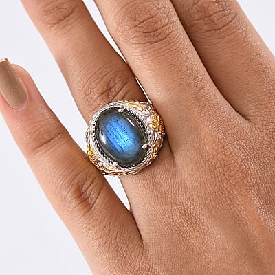 EverTrue AAA Malagasy Labradorite Moonlit Bloom Empress Ring in 18K YG Plated and Platinum Bond 9.70 ctw (Size 10.0)