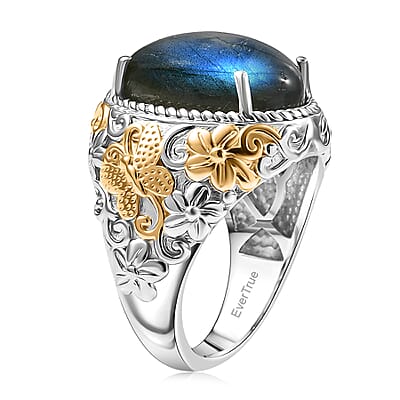 EverTrue AAA Malagasy Labradorite Moonlit Bloom Empress Ring in 18K YG Plated and Platinum Bond 9.70 ctw (Size 10.0)