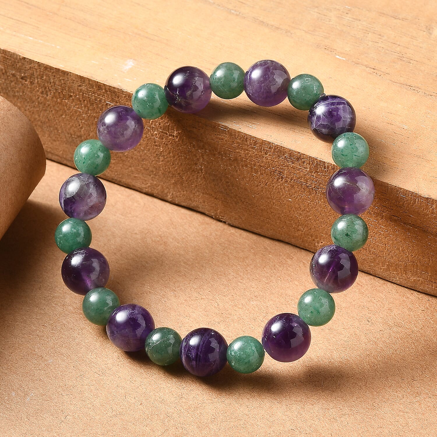 Green Aventurine and African Amethyst 115.00 ctw Beaded Stretch Bracelet