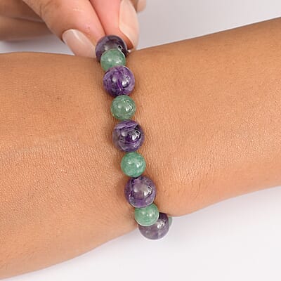 Green Aventurine and African Amethyst 115.00 ctw Beaded Stretch Bracelet