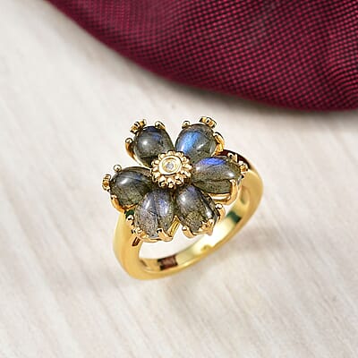 D'Joy Malagasy Labradorite and White Zircon 5.20 ctw Ring in 18K Yellow Gold Over Sterling Silver (Size 11.5)