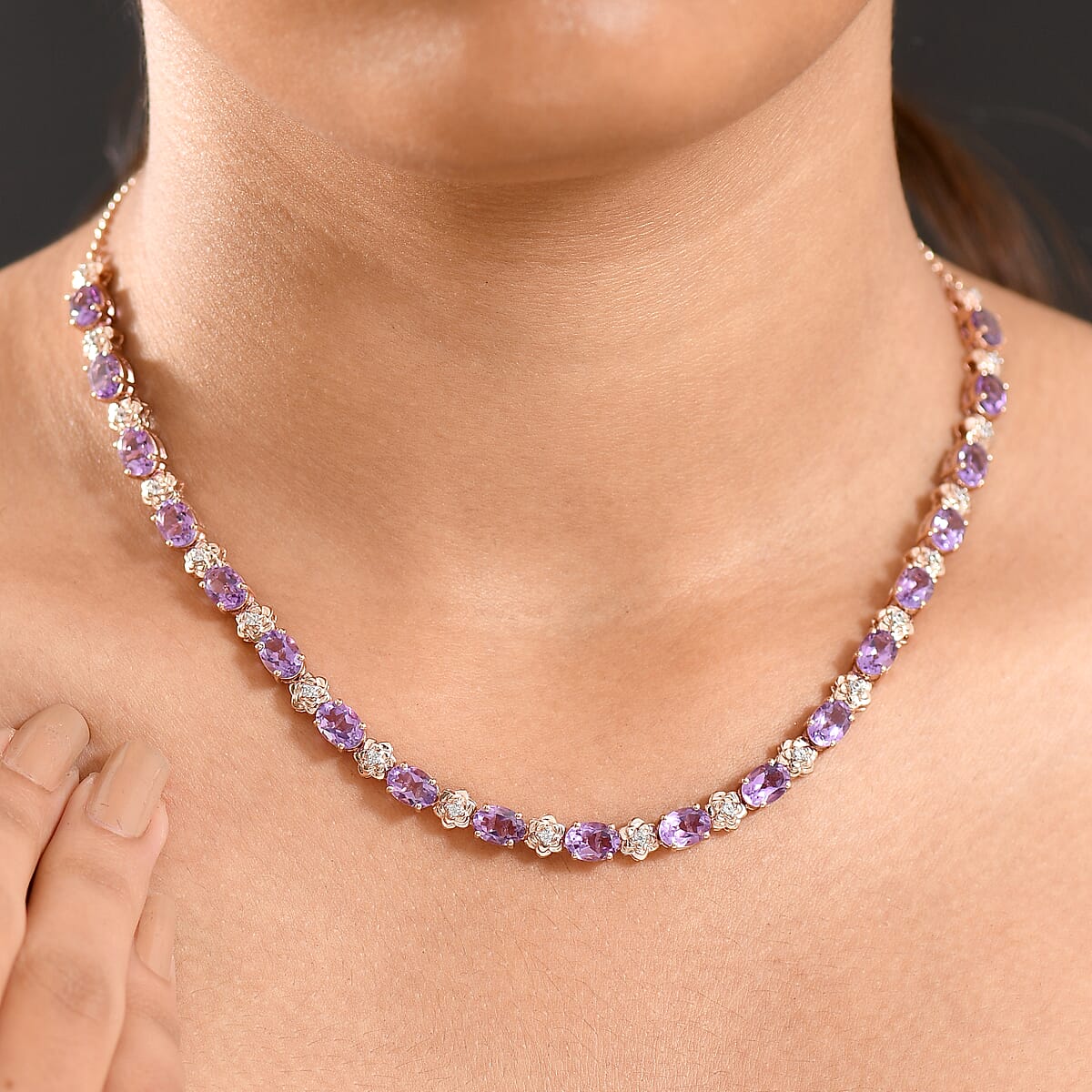 GP Italian Garden Collection AAA Rose De France Amethyst and White Zircon 14.80 ctw Necklace in 18K Vermeil Rose Gold Over Sterling Silver 18 Inches image number 3