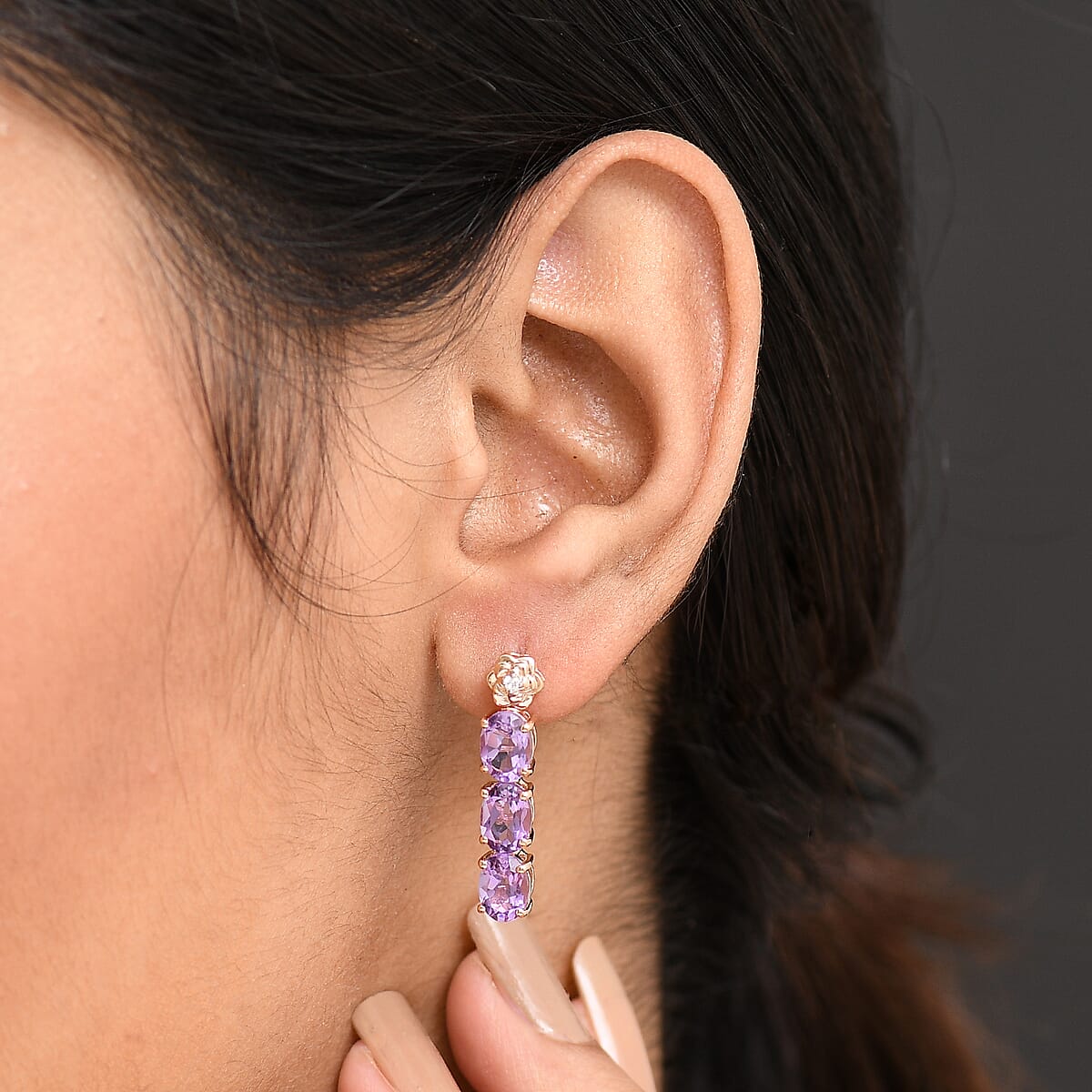 GP Italian Garden Collection AAA Rose De France Amethyst and White Zircon 4.65 ctw Earrings in 18K Vermeil Rose Gold Over Sterling Silver image number 3