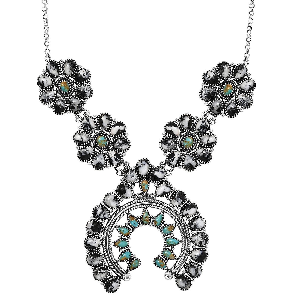 D'Joy Artisan Crafted White Buffalo and Royston Turquoise 54.10 ctw Squash Blossom Necklace 18 Inches in Sterling Silver image number 0