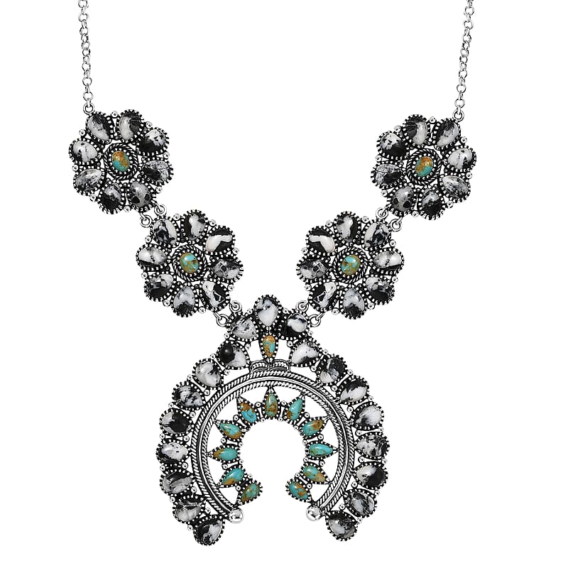 D'Joy Artisan Crafted White Buffalo and Royston Turquoise 54.10 ctw Squash Blossom Necklace 18 Inches in Sterling Silver