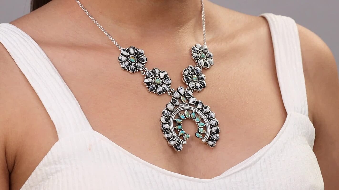 D'Joy Artisan Crafted White Buffalo and Royston Turquoise 54.10 ctw Squash Blossom Necklace 18 Inches in Sterling Silver
