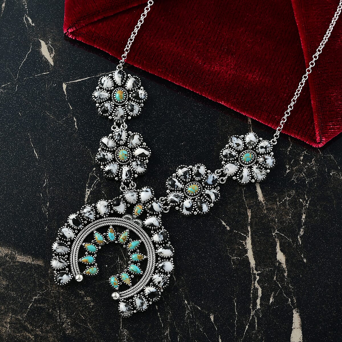 D'Joy Artisan Crafted White Buffalo and Royston Turquoise 54.10 ctw Squash Blossom Necklace 18 Inches in Sterling Silver image number 1