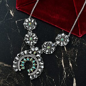 D'Joy Artisan Crafted White Buffalo and Royston Turquoise 54.10 ctw Squash Blossom Necklace 18 Inches in Sterling Silver