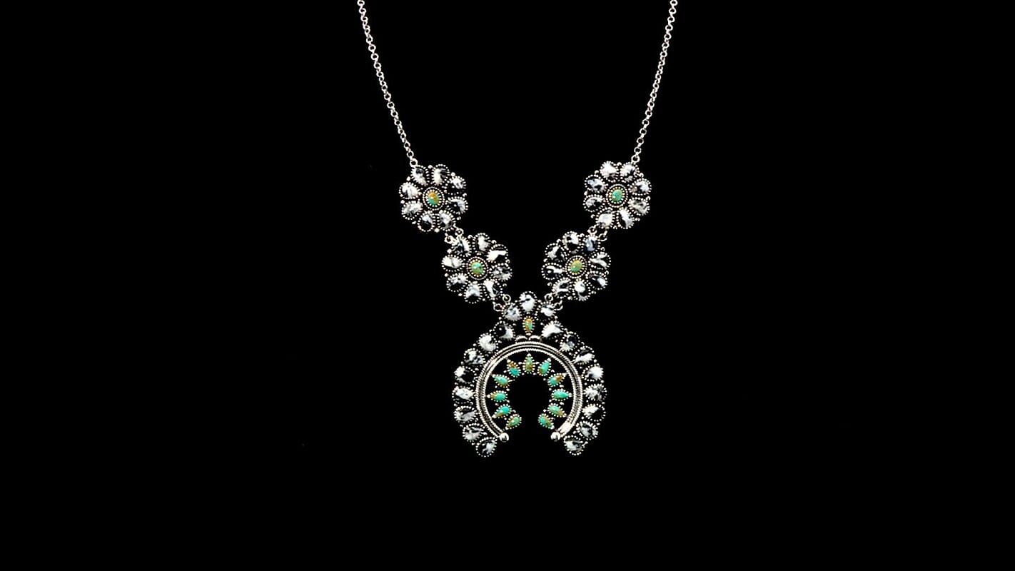 D'Joy Artisan Crafted White Buffalo and Royston Turquoise 54.10 ctw Squash Blossom Necklace 18 Inches in Sterling Silver