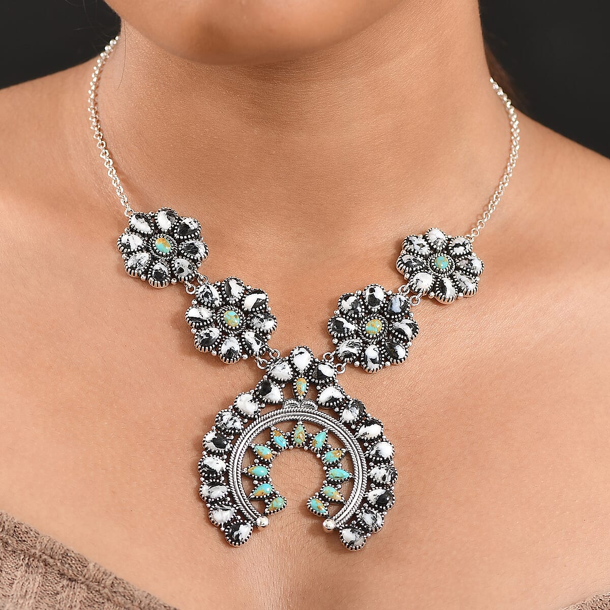 D'Joy Artisan Crafted White Buffalo and Royston Turquoise 54.10 ctw Squash Blossom Necklace 18 Inches in Sterling Silver image number 2