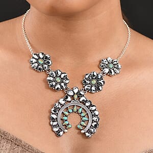 D'Joy Artisan Crafted White Buffalo and Royston Turquoise 54.10 ctw Squash Blossom Necklace 18 Inches in Sterling Silver