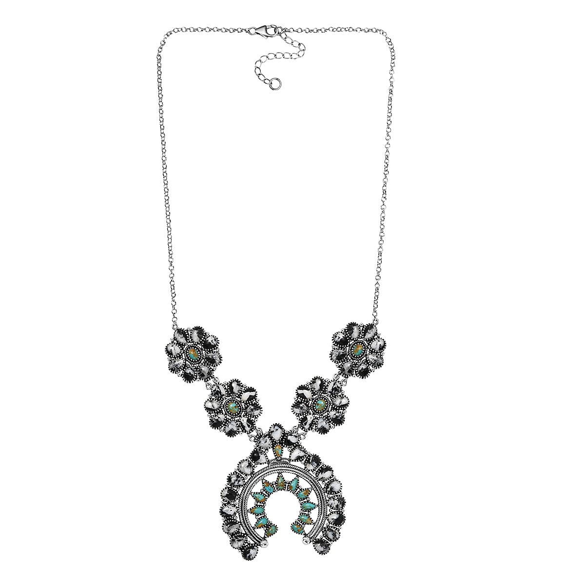 D'Joy Artisan Crafted White Buffalo and Royston Turquoise 54.10 ctw Squash Blossom Necklace 18 Inches in Sterling Silver image number 3