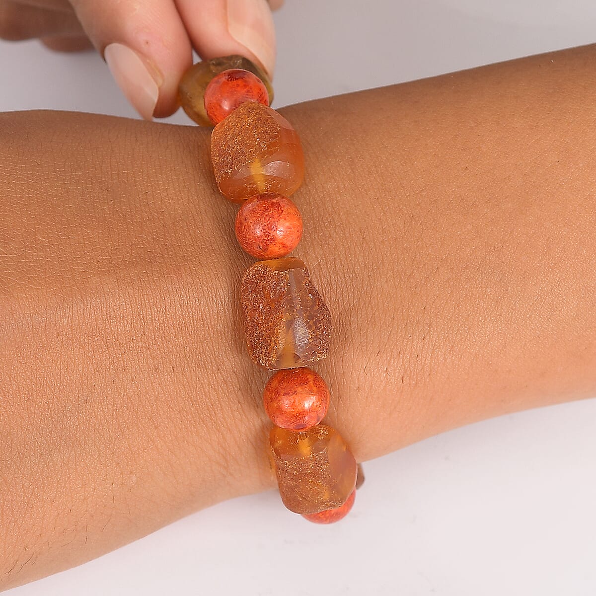 Baltic Amber and Coral Stretch Bracelet image number 2