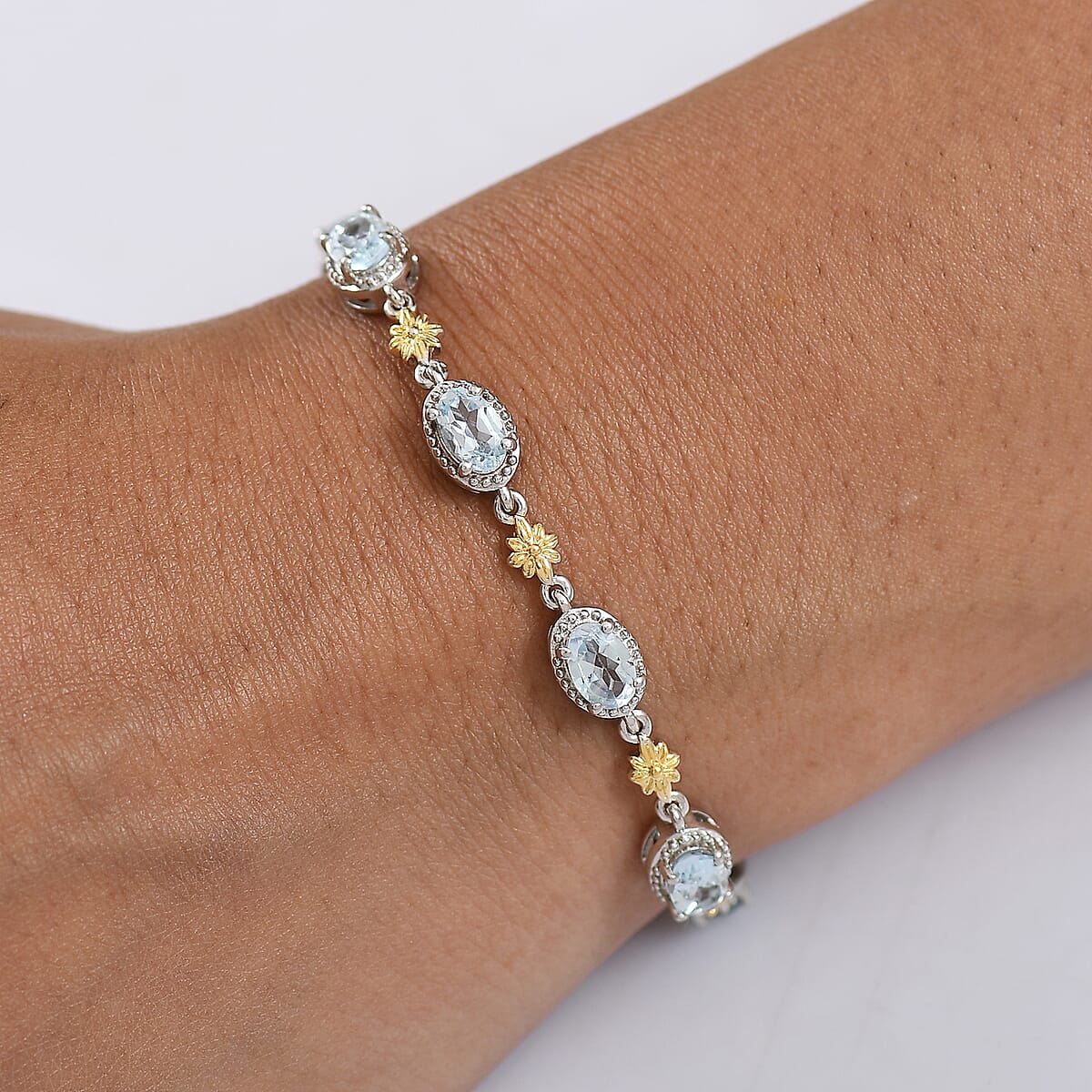 EverTrue Sky Blue Topaz 3.90 ctw Bracelet 18K YG Plated and Platinum Bond (6.5-8.00In) image number 2