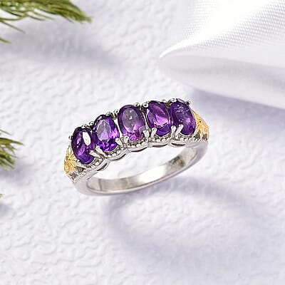 EverTrue African Amethyst 2.40 ctw 5 Stone Ring in 18K YG Plated and Platinum Bond (Size 10.0)