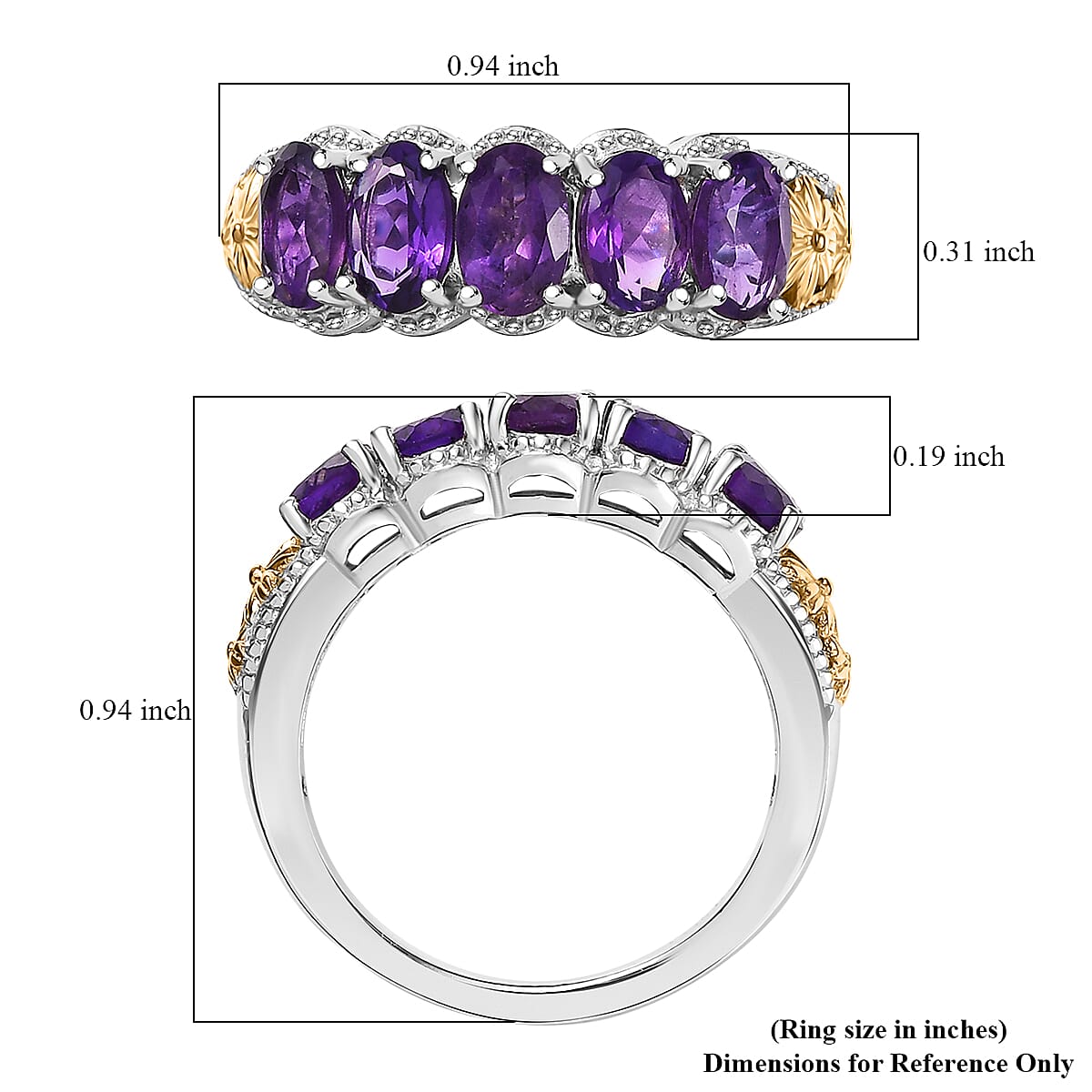 EverTrue African Amethyst 2.40 ctw 5 Stone Ring in 18K YG Plated and Platinum Bond (Size 10.0) image number 5
