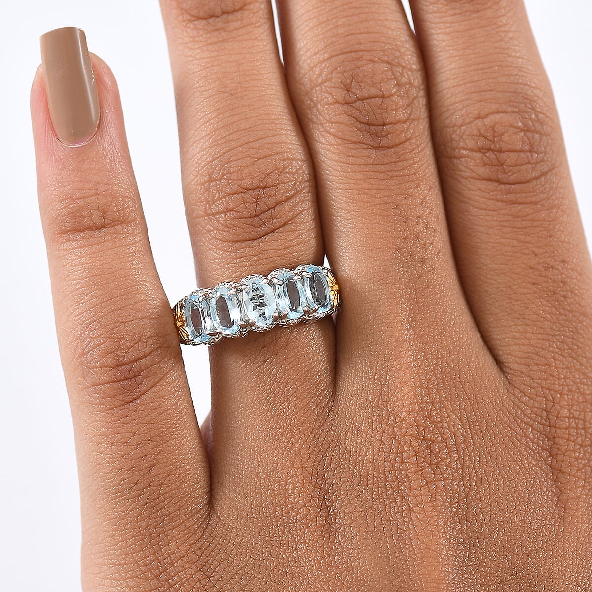 EverTrue Sky Blue Topaz 2.75 ctw 5 Stone Ring in 18K YG Plated and Platinum Bond (Size 10.0) image number 2