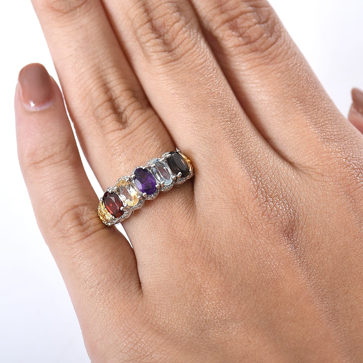 EverTrue Multi Gemstone 2.40 ctw 5 Stone Ring in 18K YG Plated and Platinum Bond (Size 10.0) image number 2