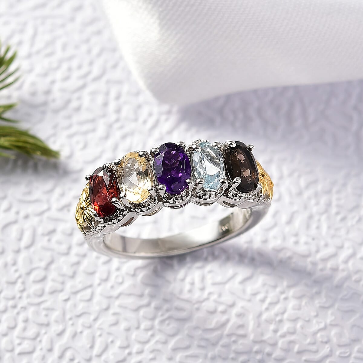 EverTrue Multi Gemstone 2.40 ctw 5 Stone Ring in 18K YG Plated and Platinum Bond (Size 7.0) image number 1