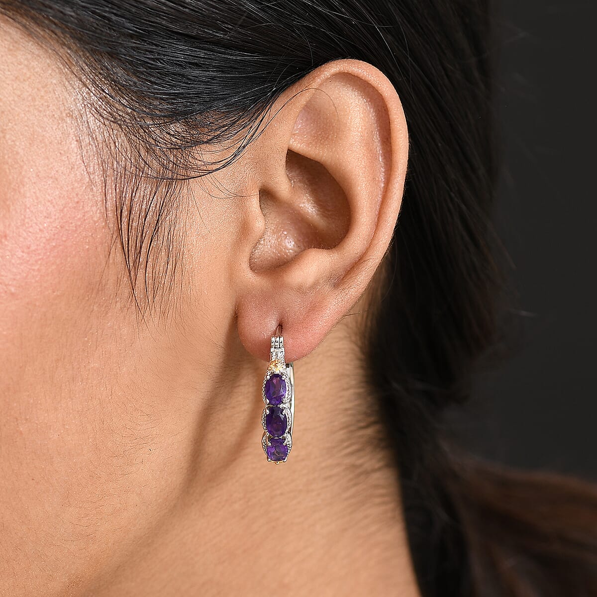 EverTrue African Amethyst 2.50 ctw Hoop Earring in 18K YG Plated and Platinum Bond image number 2