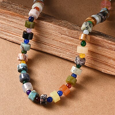 Multi Jasper and Multi Gemstone 190.00 ctw Beaded Necklace in Stainless Steel 18 Inches