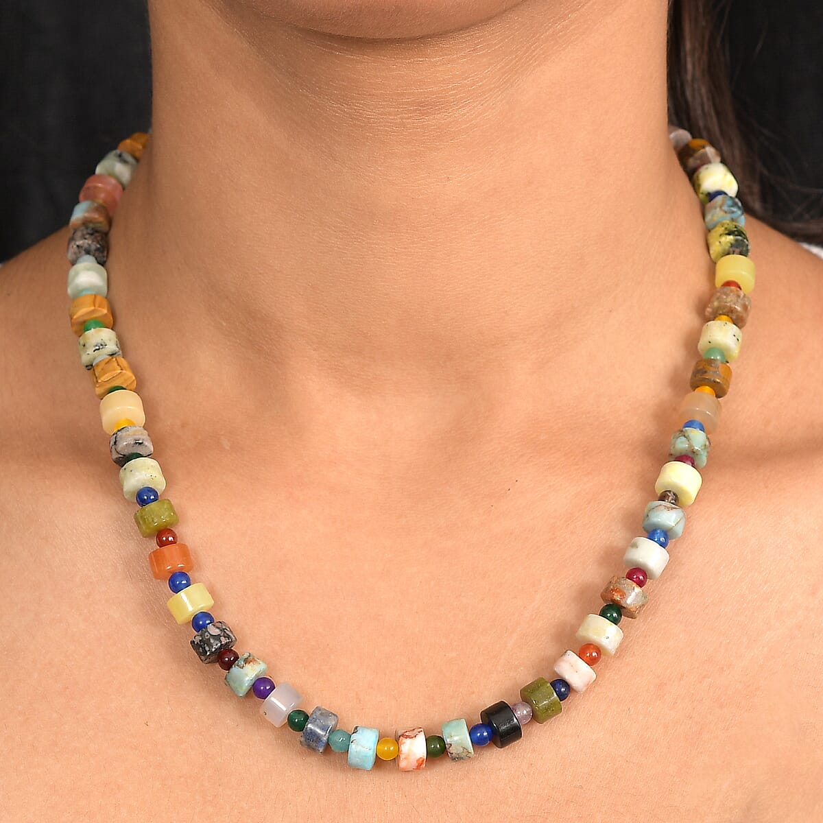 Multi Jasper and Multi Gemstone 190.00 ctw Beaded Necklace in Stainless Steel 18 Inches image number 2