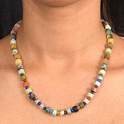 Multi Jasper and Multi Gemstone 190.00 ctw Beaded Necklace in Stainless Steel 18 Inches