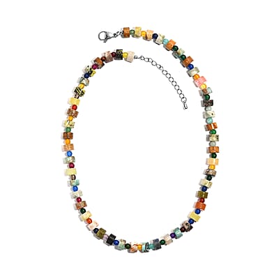Multi Jasper and Multi Gemstone 190.00 ctw Beaded Necklace in Stainless Steel 18 Inches