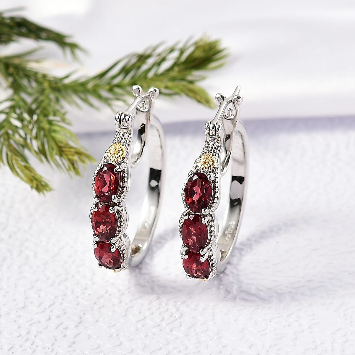EverTrue Mozambique Garnet 3.50 ctw Hoop Earrings in 18K YG Plated and Platinum Bond image number 1