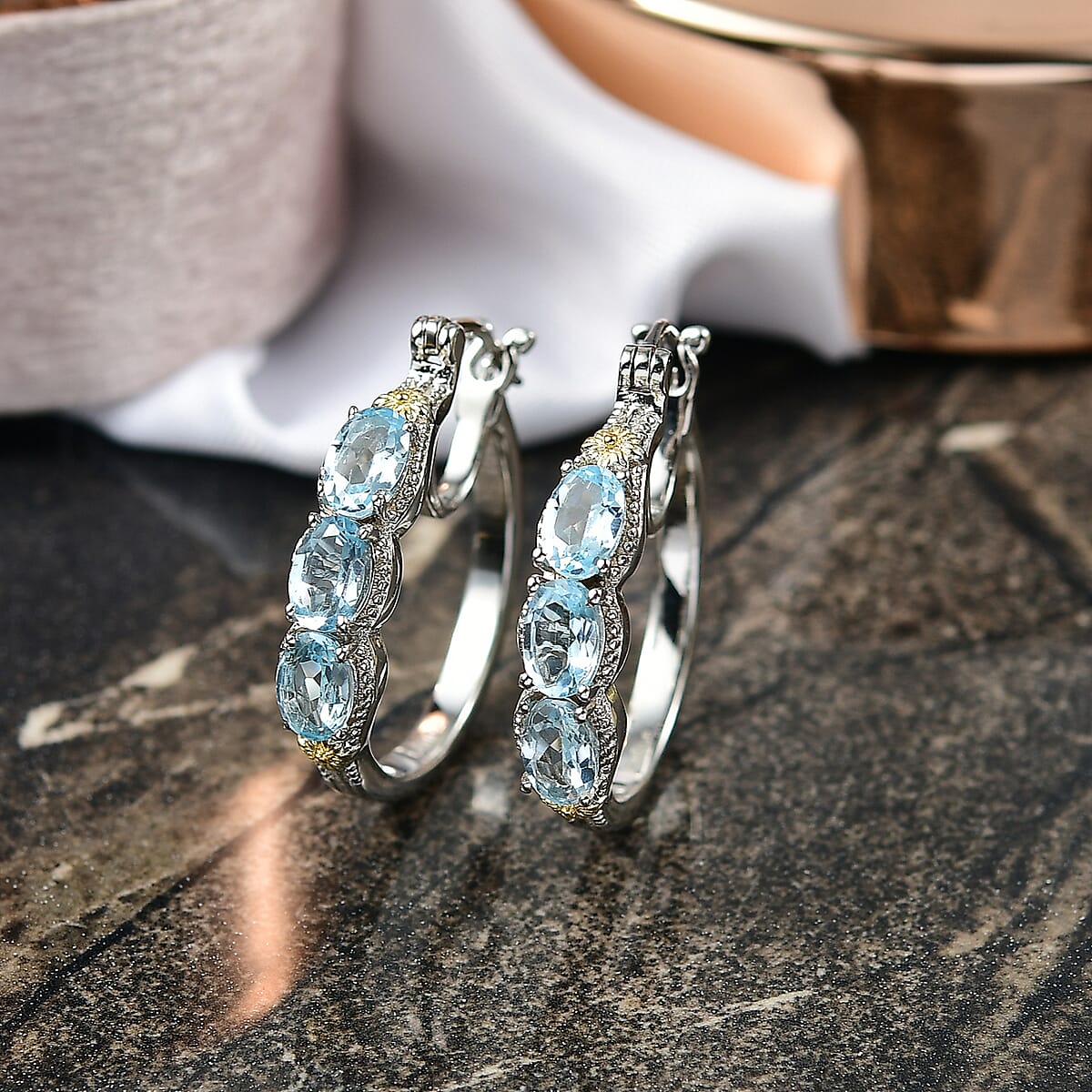 EverTrue Sky Blue Topaz 3.25 ctw Hoop Earrings in 18K YG Plated and Platinum Bond image number 1