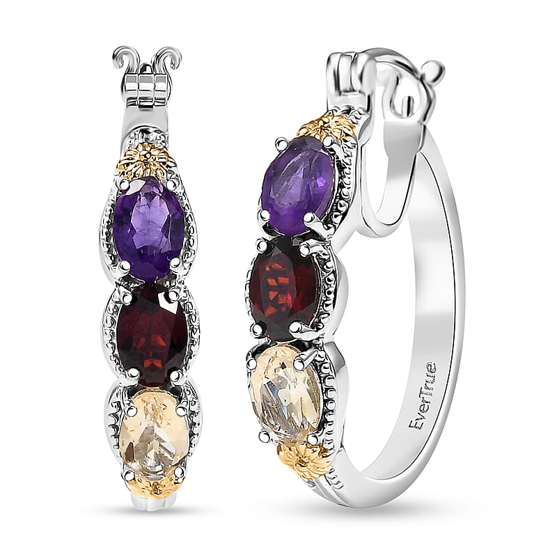 EverTrue Multi Gemstone Hoop Earrings in 18K YG Plated and Platinum Bond 2.85 ctw