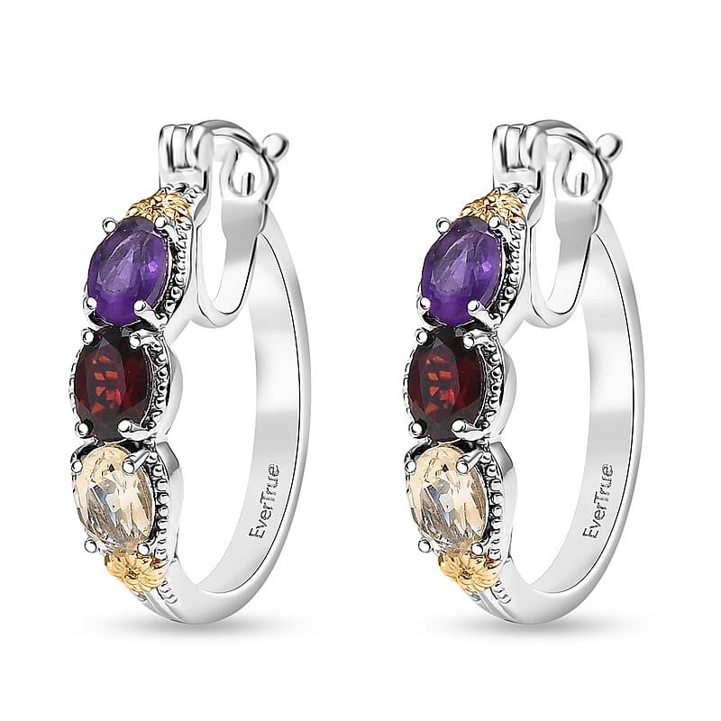 EverTrue Multi Gemstone Hoop Earrings in 18K YG Plated and Platinum Bond 2.85 ctw