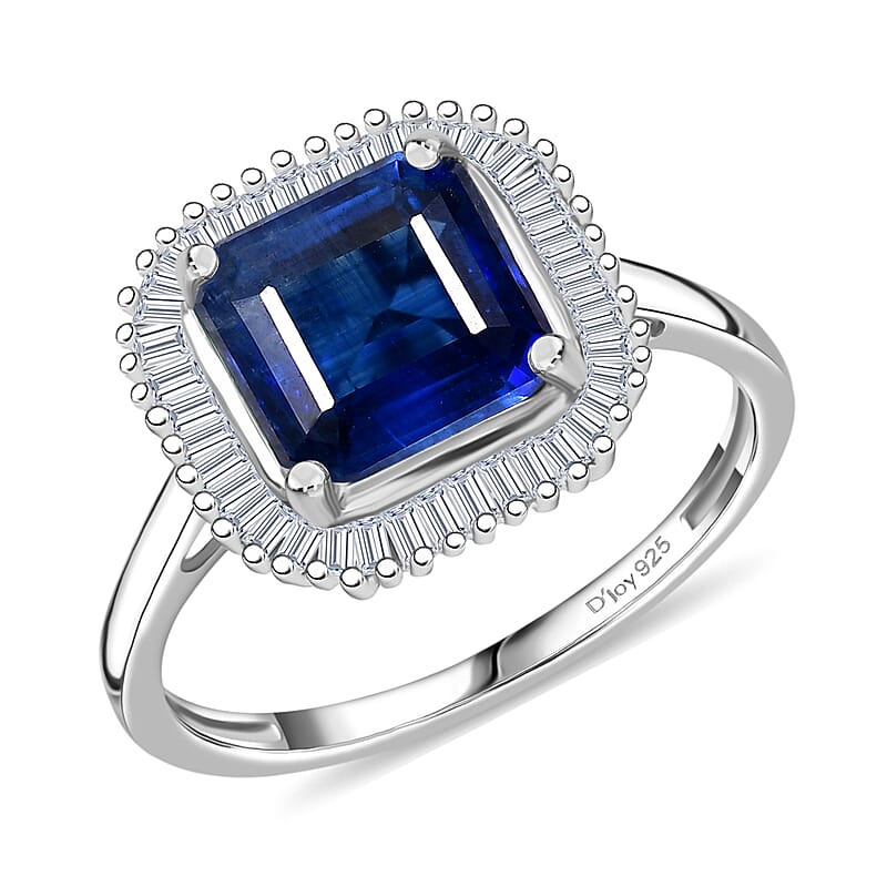 D'Joy Premium Asscher Cut Kashmir Kyanite and Diamond 3.35 ctw Stargate Majesty Ring in Rhodium Over Sterling Silver (Size 10.0)