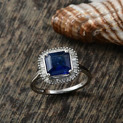 D'Joy Premium Asscher Cut Kashmir Kyanite and Diamond 3.35 ctw Stargate Majesty Ring in Rhodium Over Sterling Silver (Size 10.0)