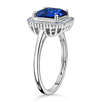 D'Joy Premium Asscher Cut Kashmir Kyanite and Diamond 3.35 ctw Stargate Majesty Ring in Rhodium Over Sterling Silver (Size 10.0)