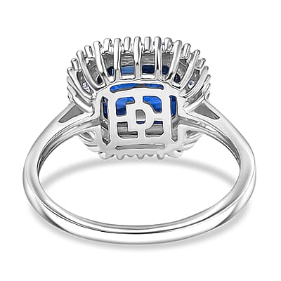 D'Joy Premium Asscher Cut Kashmir Kyanite and Diamond 3.35 ctw Stargate Majesty Ring in Rhodium Over Sterling Silver (Size 10.0)