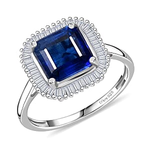 D'Joy Premium Asscher Cut Kashmir Kyanite and Diamond 3.35 ctw Stargate Majesty Ring in Rhodium Over Sterling Silver (Size 9.0)