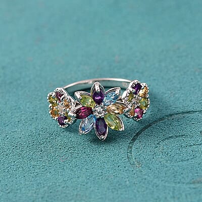 GP Italian Garden Collection Multi Gemstone 2.90 ctw Ring in Rhodium Over Sterling Silver (Size 10.0)
