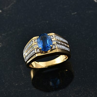 D'Joy Premium Kashmir Kyanite and Moissanite 3.00 ctw Men's Ring in 18K Vermeil Yellow Gold Over Sterling Silver (Size 10.0)