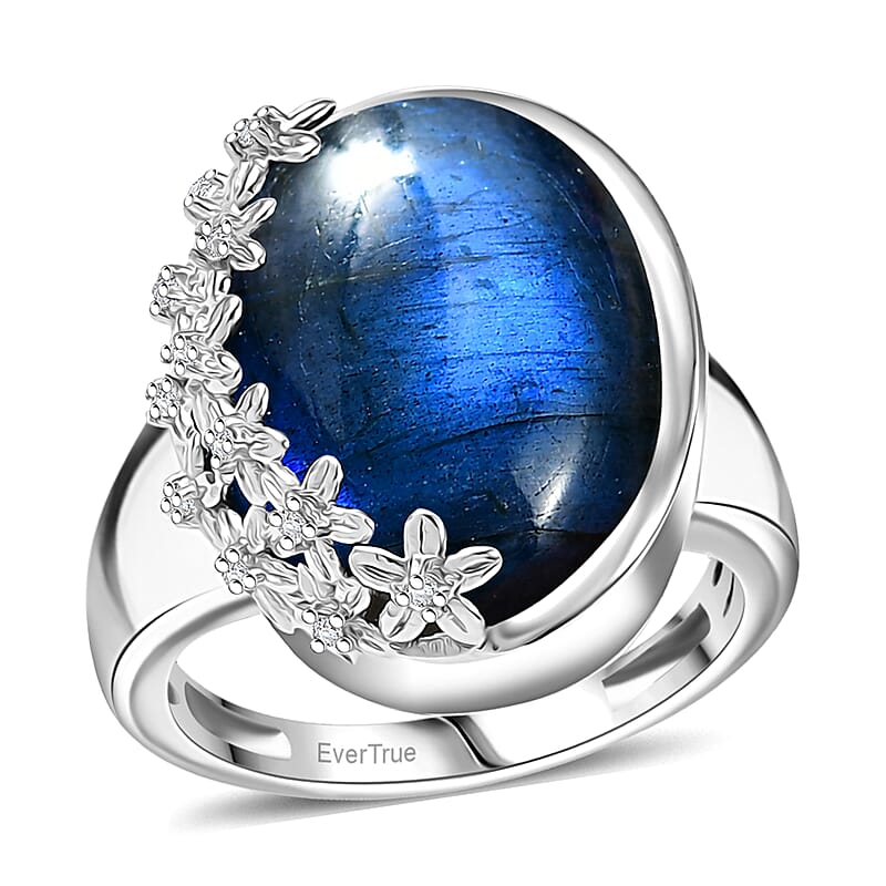 EverTrue AAA Malagasy Labradorite, White Zircon Ring in Platinum Bond 12.80 ctw (Size 10.0)
